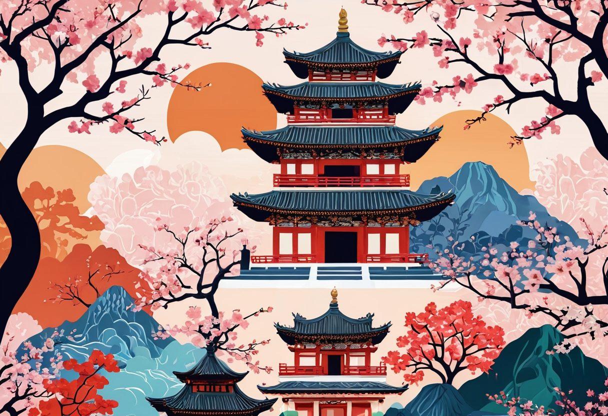 A vibrant collage of Asian cultures represented through traditional textiles, intricate patterns, and symbols, showcasing diverse elements like cherry blossoms, a dragon, a temple, and a serene landscape. The background blends warm and cool tones, evoking harmony and richness. Integrate elements of modern blogging, such as laptops and digital devices subtly placed within the scene. super-realistic. vibrant colors. cultural fusion.