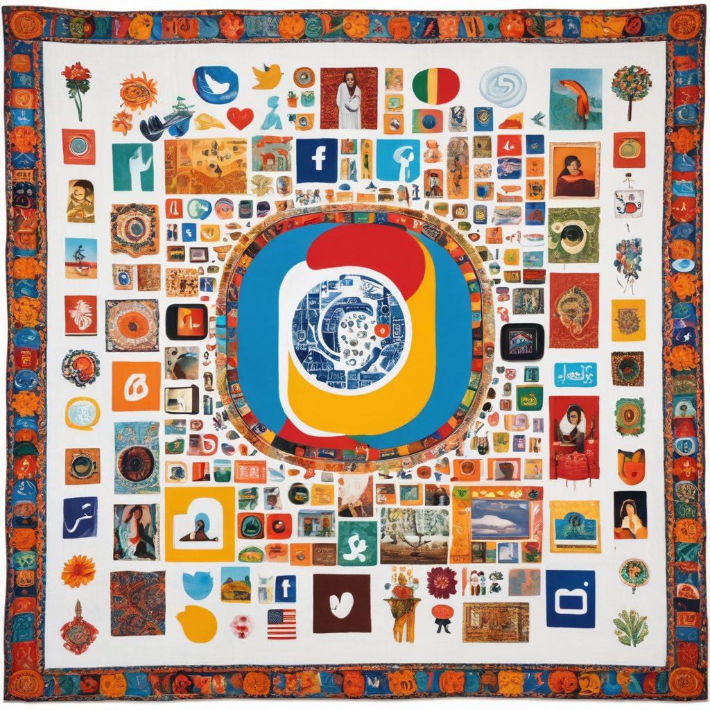 A vibrant tapestry of diverse bloggers from various cultural backgrounds, each engrossed in their own unique digital diaries, surrounded by symbols representing their cultures. The scene should convey a lively exchange of ideas and stories, with colorful elements reflecting creativity and inclusivity. Bright colors, modern technology, and traditional artifacts blend harmoniously in the design. The backdrop features abstract representations of the internet and social media. super-realistic. vibrant colors. white background.
