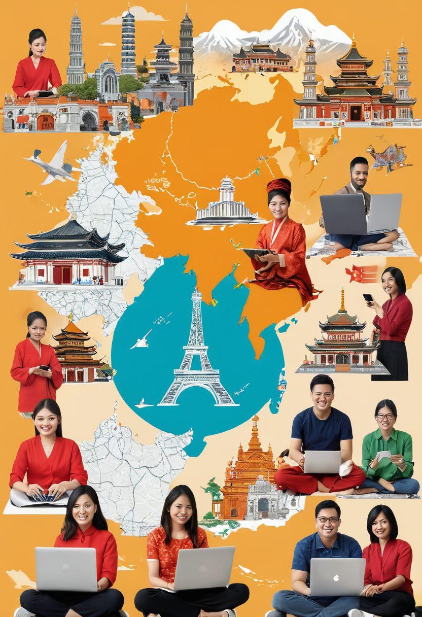 A collage of diverse Asian bloggers engaging with vibrant elements of their cultures, including traditional attire, cuisine, and iconic landmarks. Highlight a blend of technology with elements like laptops and smartphones that symbolize the digital age. Use warm, inviting colors to convey community and connection, while showing a map in the background with pins on various Asian countries. super-realistic. vibrant colors. warm tones.